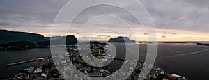 Sunset panorama view to Alesund from Fjellstua viewpoint, Norway