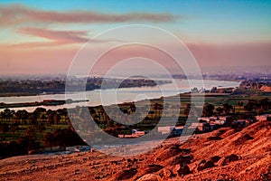 Sunset panorama view to Nile river from Beni Hasan archaeological site, Minya , Egypt photo