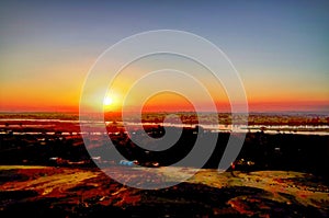 Sunset panorama view to Nile river from Beni Hasan archaeological site at Minya , Egypt photo