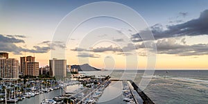 Sunset panorama of Waikiki and Ala Wai Boat Harbor