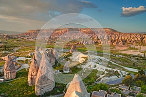 Sunset panoramic view to Goreme city, Cappadocia, Turkey