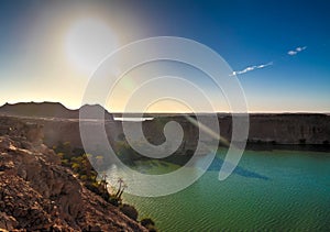 Sunset Panoramic view to Yoa lake group of Ounianga kebir lakes at the Ennedi, Chad