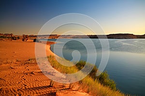 Sunset Panoramic view to Yoa lake group of Ounianga kebir lakes at the Ennedi, Chad