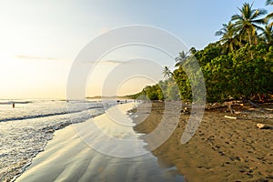 Sunset at paradise beach in Uvita, Costa Rica - beautiful beaches and tropical forest at pacific coast of Costa Rica - travel