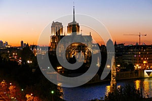 Sunset in Paris overlooking the Cathedral of Notre Dame - France