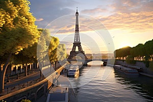 Sunset in Paris and river Seine Ai generated
