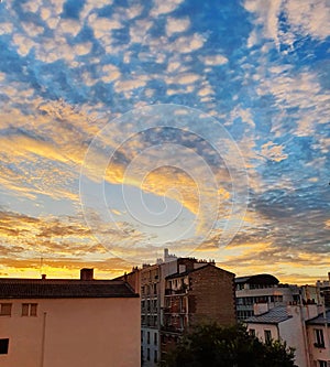 Sunset in Paris, view of the sunset sky above the parisian bulidings, Paris, France