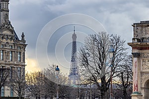 Sunset in Paris, in winter, with Eiffel tower in the far view