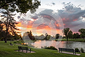 Sunset at the park with pond