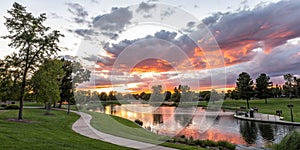 Sunset at the park with pond