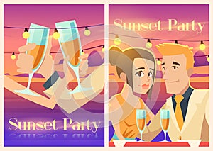 Sunset party poster with happy couple on sea coast