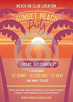 Sunset party template for beach event. Vector illustration design easily editable with your text.