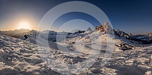 Sunset in Passo Giau, a mountain pass in the Dolomites, near Cortina D`Ampezzo, Italy