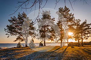 Sunset at the Peipsi lake shore during winter in South Estonia