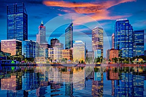 Sunset in Perth city with building and river