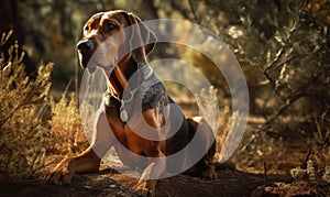 sunset photo of coonhound in its natural habitat. Generative AI