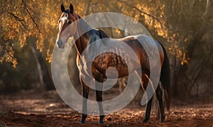 sunset photo of Hackney show horse standing in an Autumn forest. Generative AI