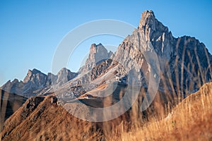 Sunset photo of mountain Nuvolau Averau, Passo Giau in Dolomites, Italy