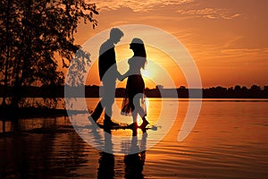 Sunset photo of silhouettes of a couple in love