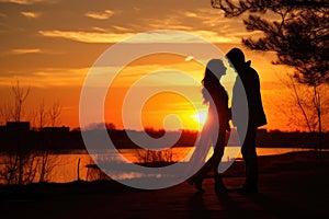 Sunset photo of silhouettes of a couple in love