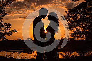 Sunset photo of silhouettes of a couple in love