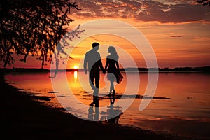 Sunset photo of silhouettes of a couple in love