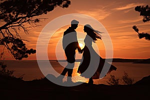 Sunset photo of silhouettes of a couple in love