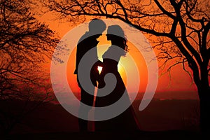 Sunset photo of silhouettes of a couple in love