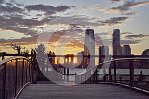 Sunset photography of the s`Bridge to sunset` Battery Park Lower Manhattan NYC USA