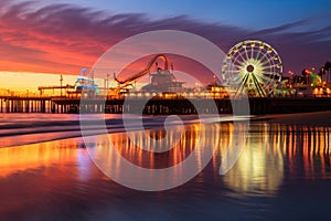 Sunset at the pier with Ferris wheel in the background, Santa Monica pier at sunset, AI Generated