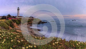 Sunset by Pigeon Point Lighthouse on Northern California coastline at sunset