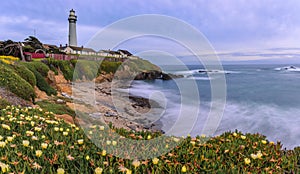 Sunset by Pigeon Point Lighthouse on Northern California coastline at sunset