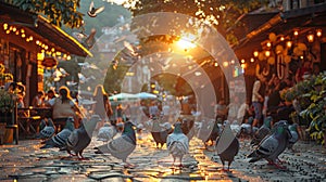 Sunset and Pigeons in a Bustling Sarajevo Square