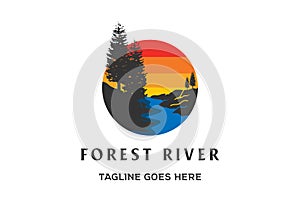 Sunset Pine Evergreen Conifer Cedar Spruce Larch Cypress Fir Trees Forest with River Creek Logo Design Vector