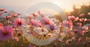 sunset pink flower colorful violet beautiful blooming background meadow nature field. Generative AI.