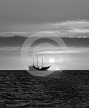 Sunset Pirate Ship Ocean Fantasy Black And White Vertical