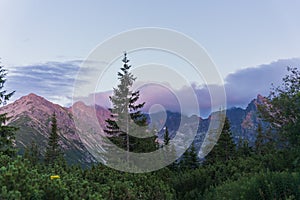 Sunset in the Polish Tatra Mountains on a summer evening. The rocks are illuminated by the low sun