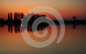 Sunset in pond with orange sky