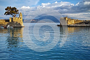 Sunset at the port of Nafpaktos town, Greece