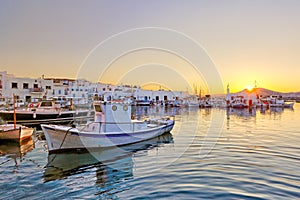 The sunset at the port of Naousa, Greece