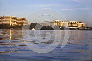 Sunset on the Potomac River, Watergate Building and Kennedy Center, Washington, DC