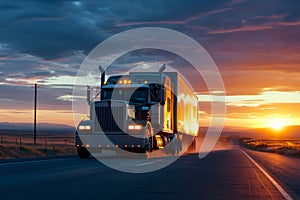 Sunset Power: Big Rig Truck on High-Speed Road Wallpaper and Design, Generative AI