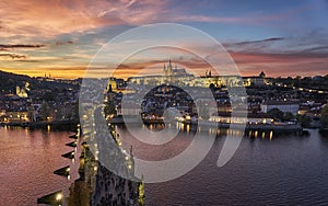 Sunset in Prague overlooking The Charles bridge