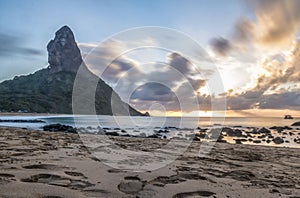 Sunset at Praia da Conceicao Beach with Morro do Pico on background - Fernando de Noronha, Pernambuco, Brazil