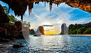 Sunset on Pranang beach. Railay , Krabi Province Thailand