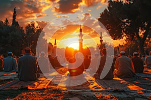 Sunset prayer gathering with a focus on an individual, conveying spirituality and unity. Card for an Islamic holiday.