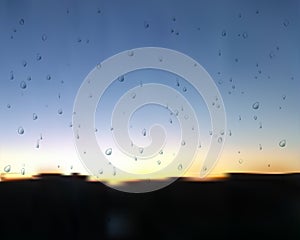 Sunset after rain vector. Water drops on glass. Spray at sundown.