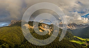 Sunset with rainbow panorama in Val Di Funes, Dolomites, Alps, Italy