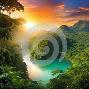 sunset rainforest jungle river with tropical exotic fantasy fictional landscape created with