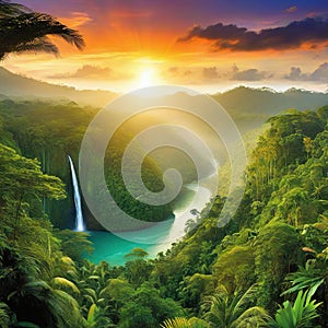 sunset rainforest panorama with jungle river with tropical exotic fantasy fictional landscape created with